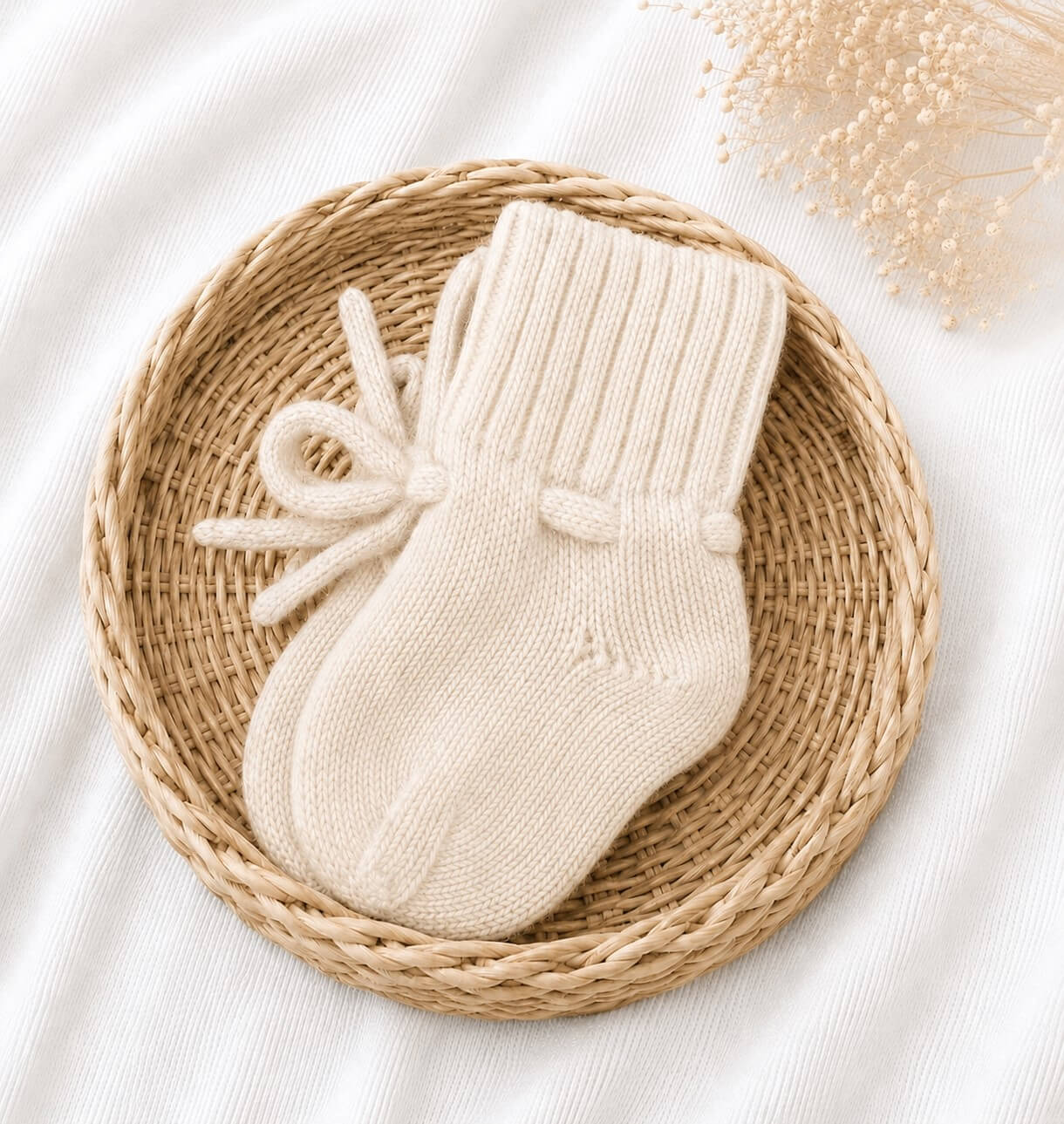 Gebreide offf-white babyslofjes gemaakt van merino wol.