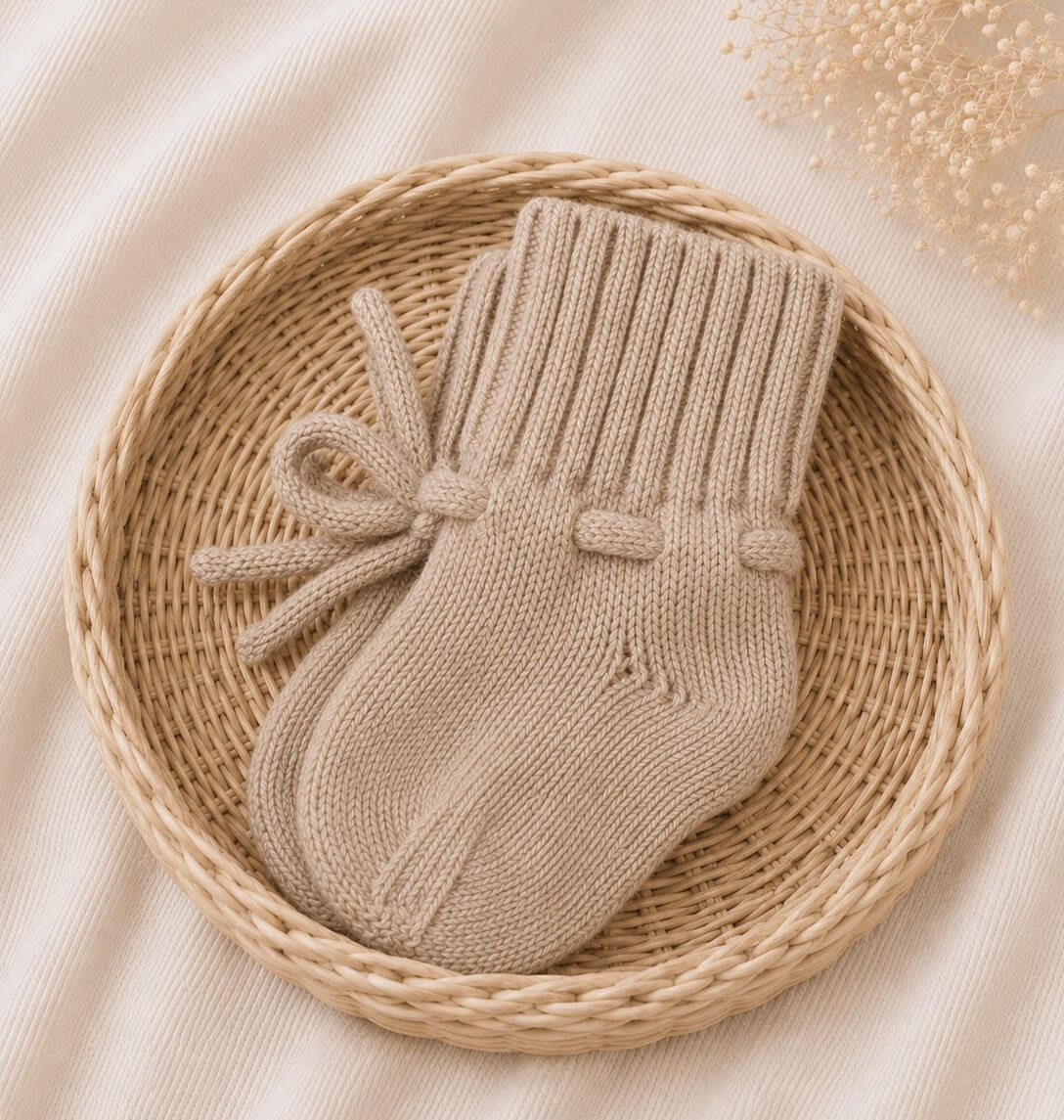 Gebreide zandkleurige babyslofjes gemaakt van merino wol.