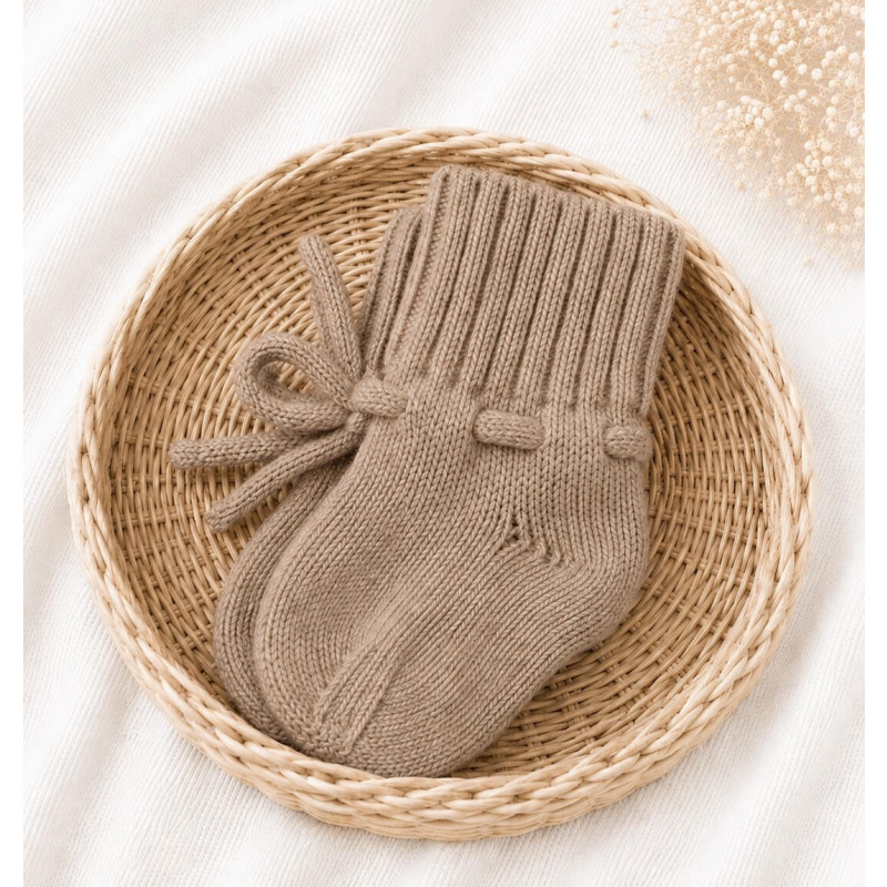 Gebreide zandkleurige babyslofjes gemaakt van merino wol.