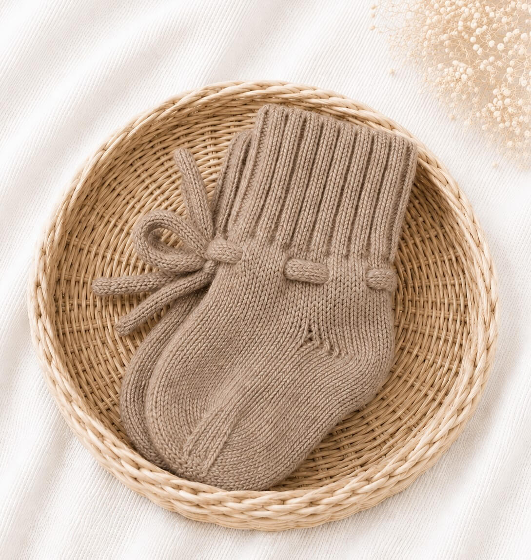 Gebreide zandkleurige babyslofjes gemaakt van merino wol.