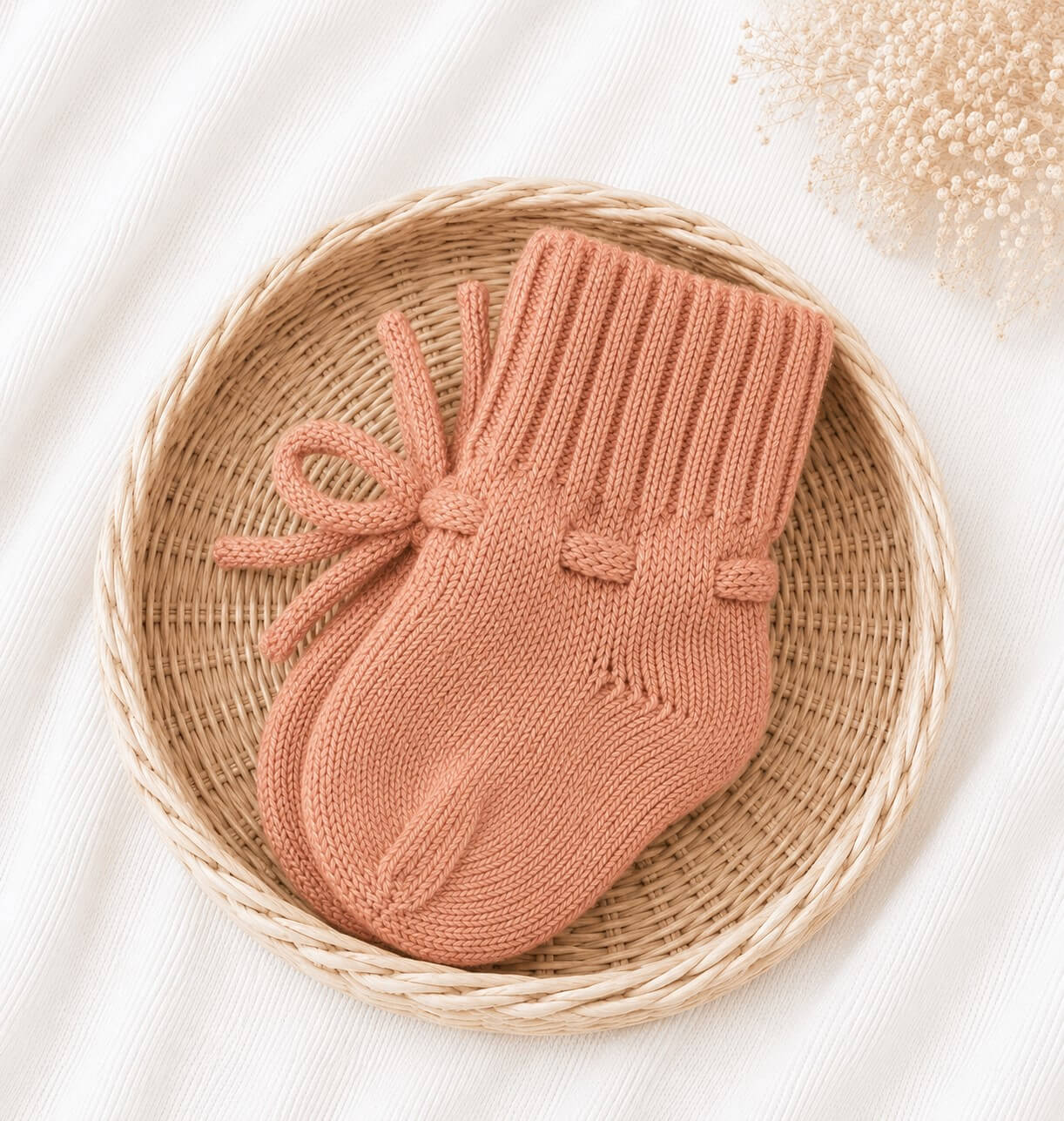 Gebreide roze babyslofjes gemaakt van merino wol.