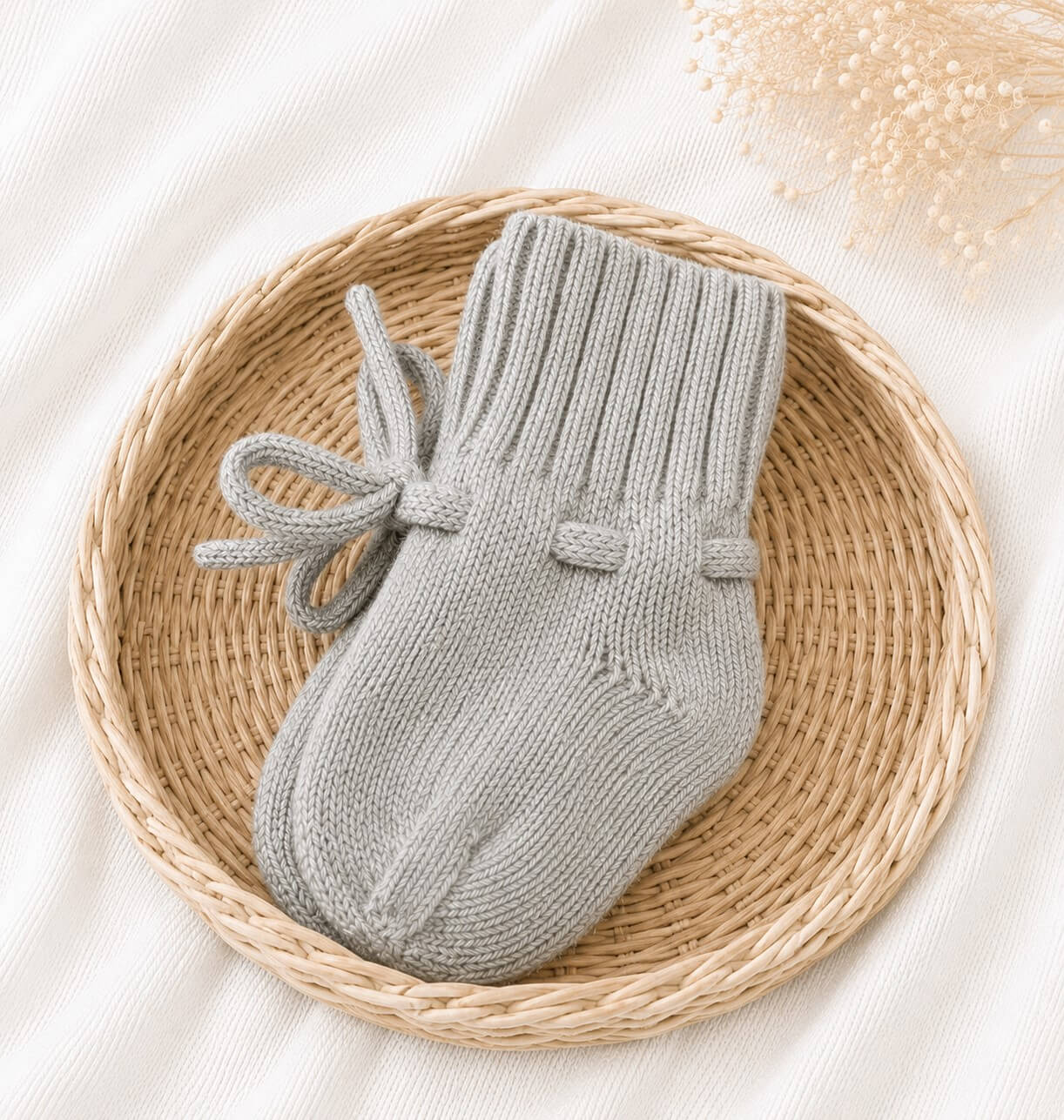 Gebreide grijze babyslofjes gemaakt van merino wol.