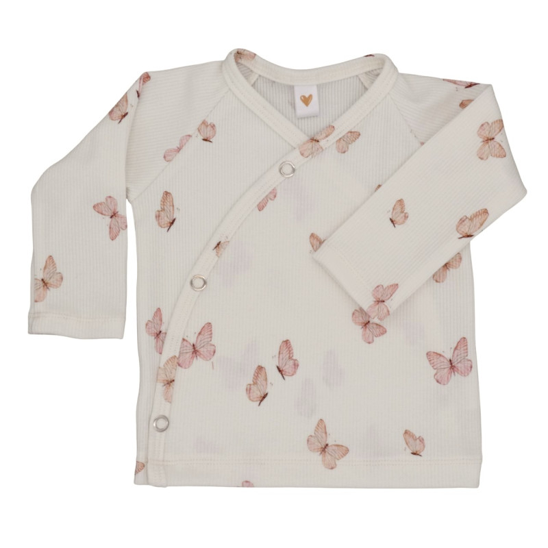 Newborn overslagshirtje met vlinders in een fijne ribstof.