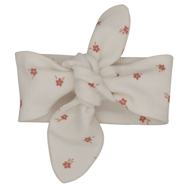 Newborn haarbandje fijne rib ecru met roze bloemetjes