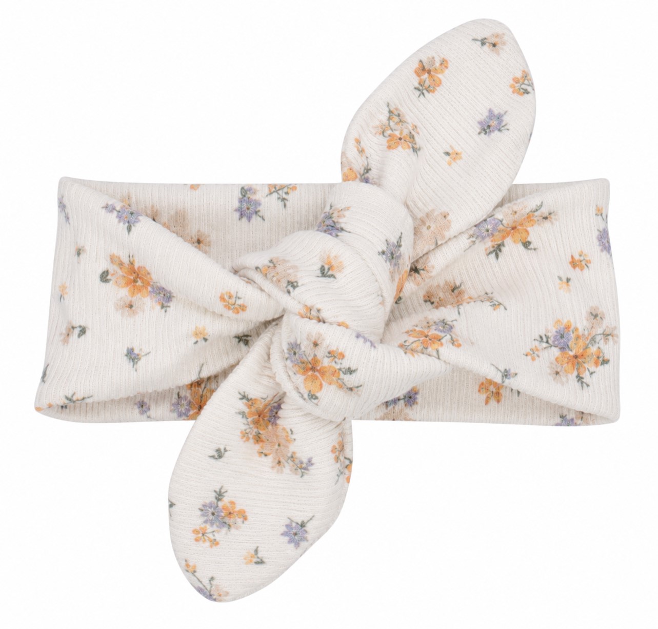 Een newborn haarbandje met kleine gele en blauwe bloemetjes in een dunne ribstof.