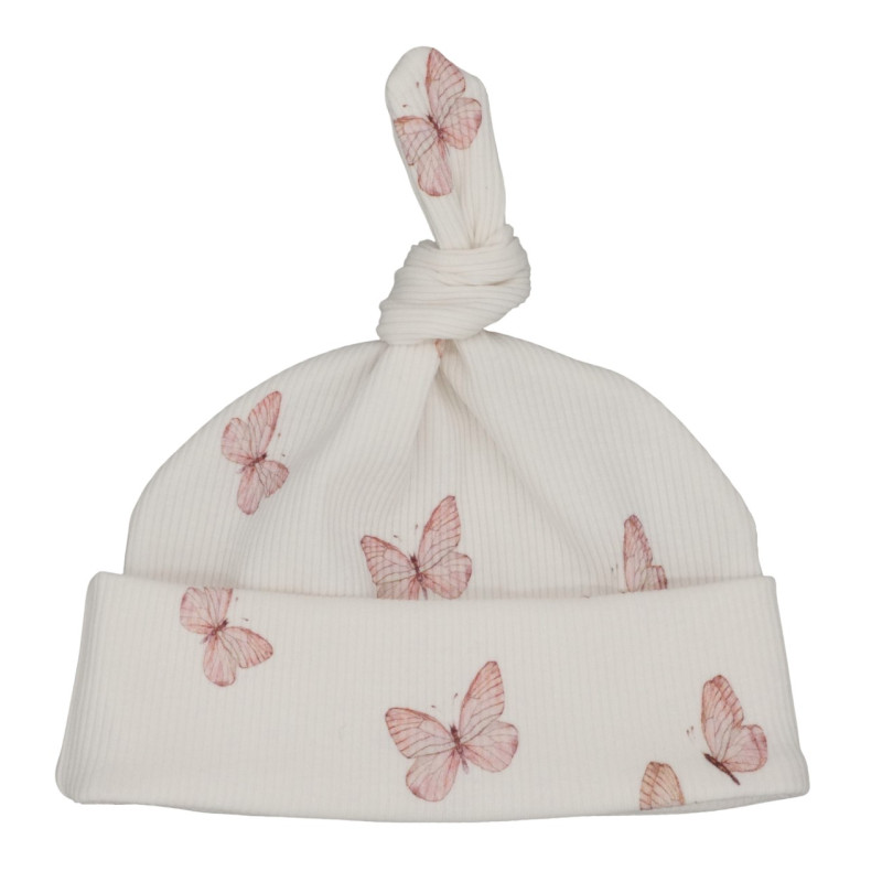 Newborn mutsje met roze vlinders in een fijne ribstof
