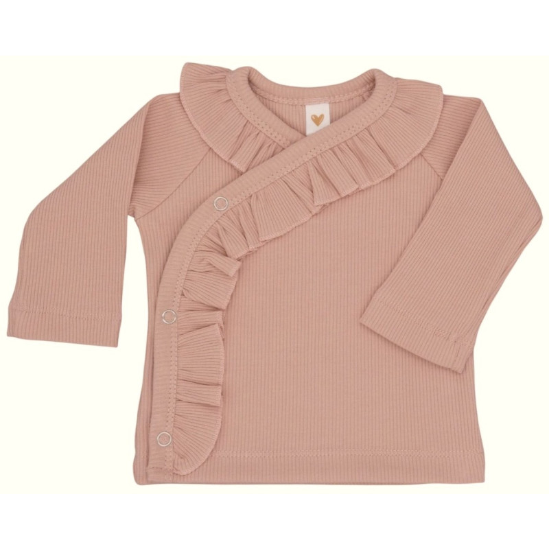 Newborn overslagshirtje met ruffles in nude roze.
