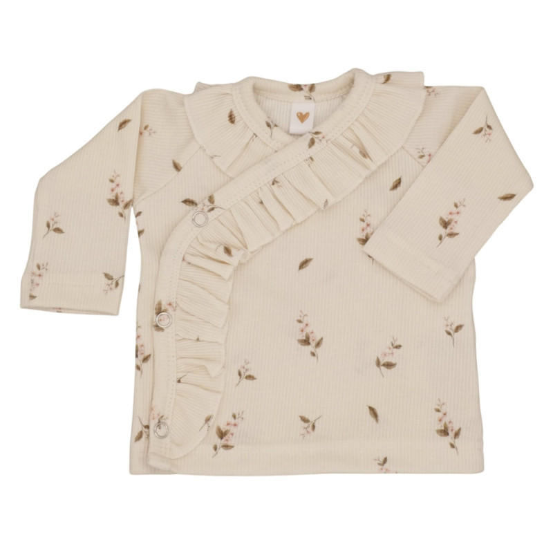 Newborn overslagshirtje met een klein roosje in een dunne ribstof.