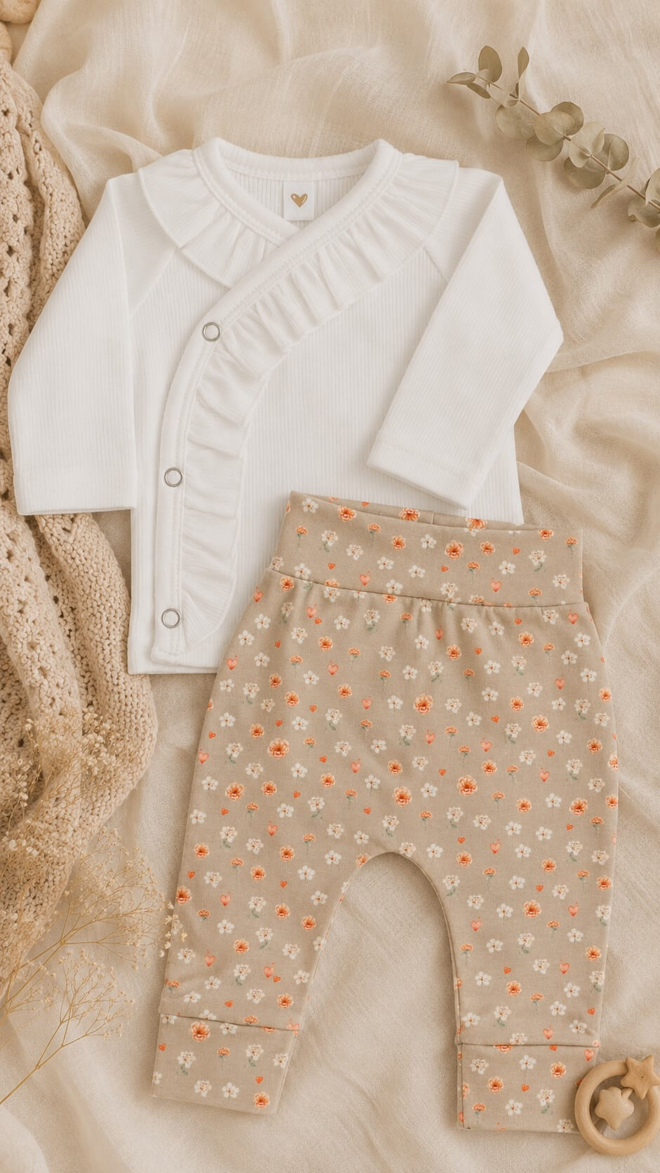 Newborn babybroekje in een zandkleur met kleine bloemetjes