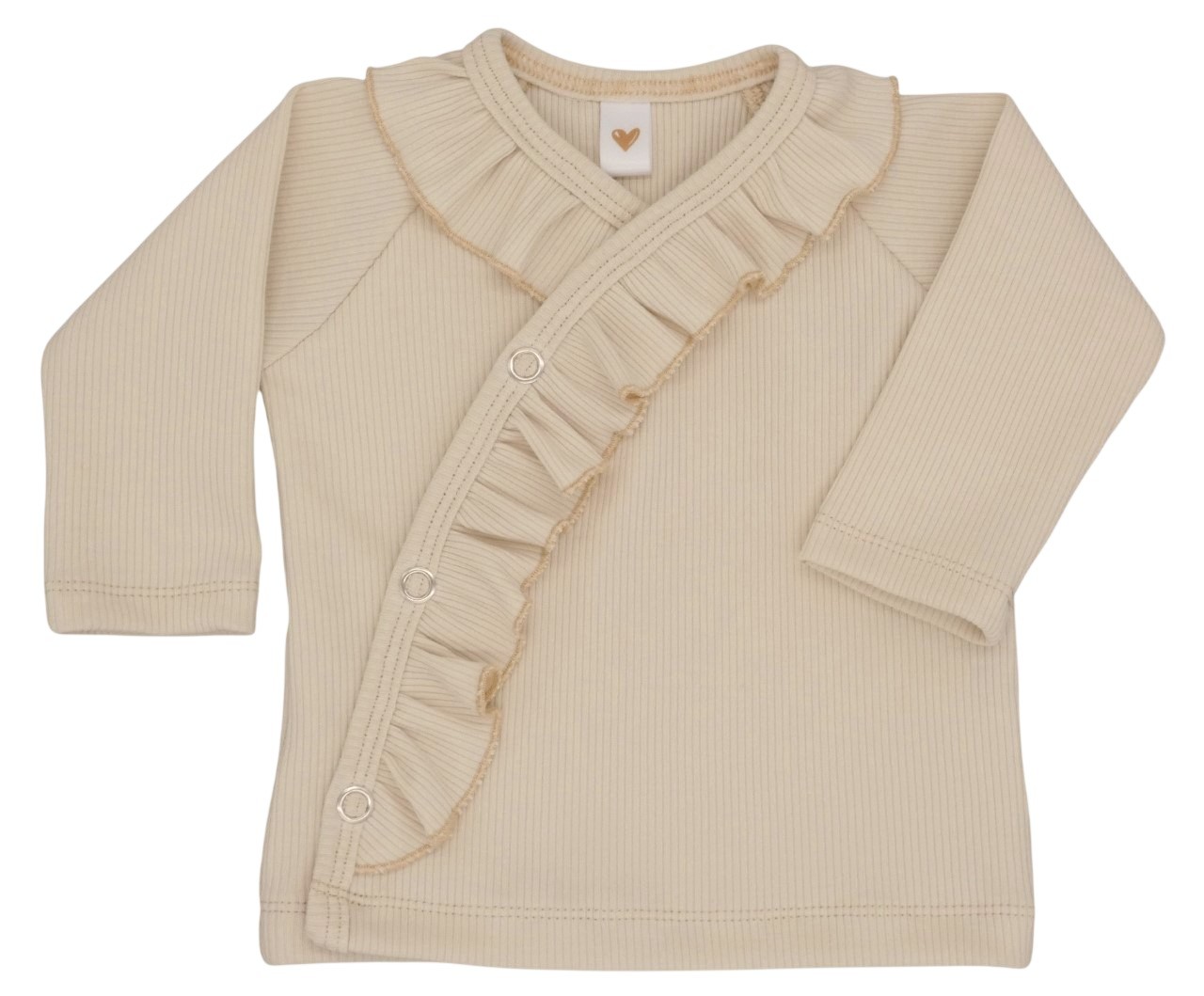 Newborn overslagshirtje met ruffles in een naturelkleur.