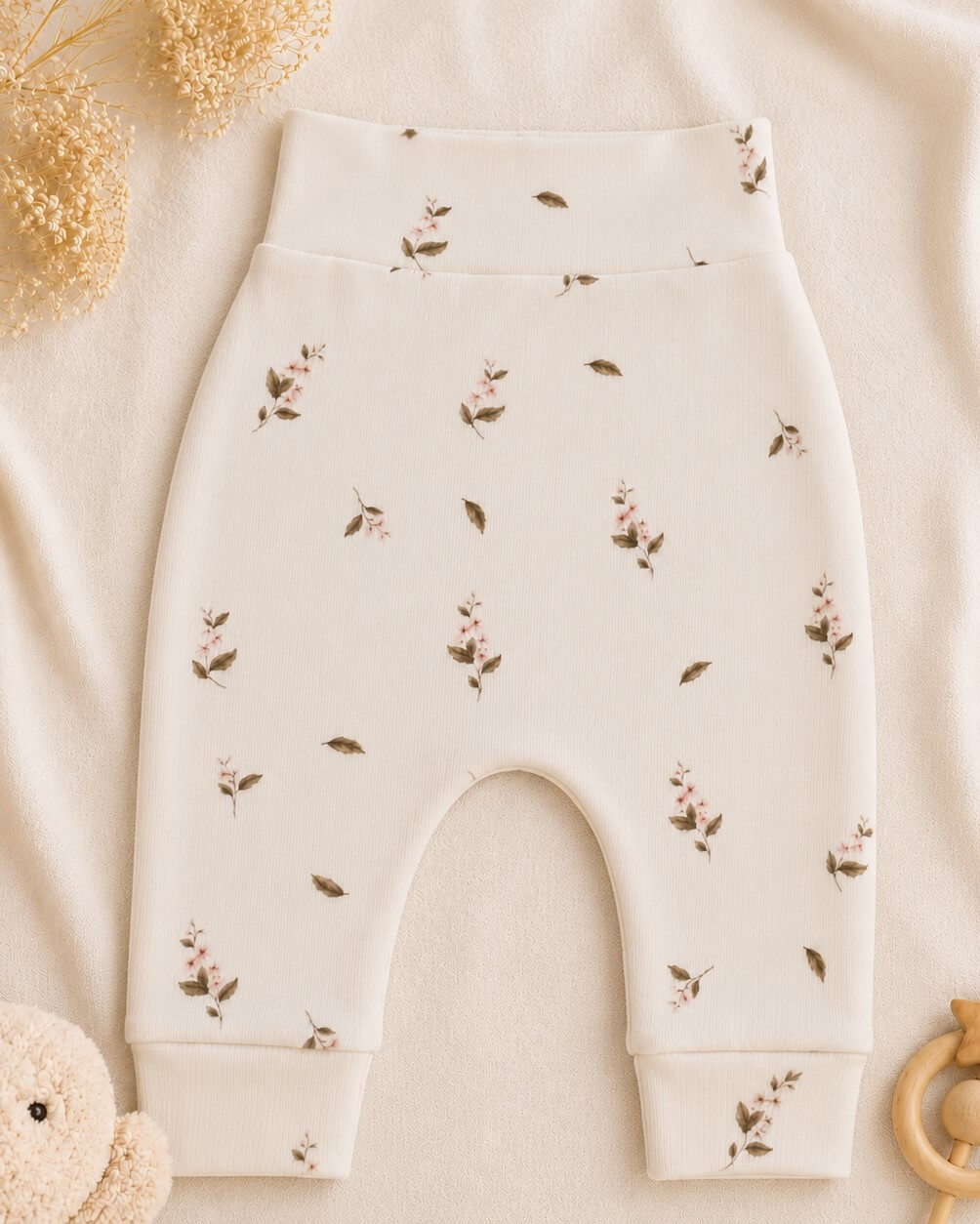 Newborn broekje met kleine roze roosjes in een ribstof.