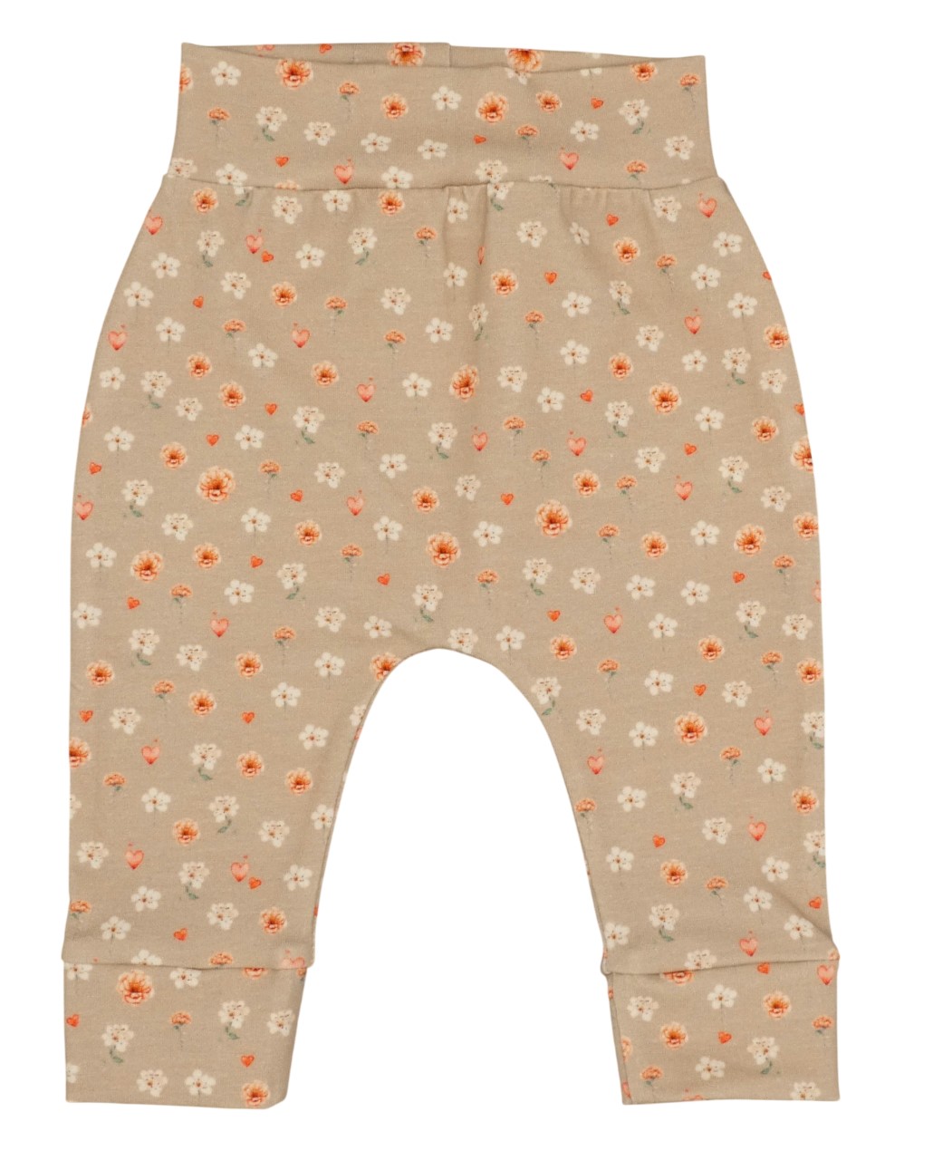 Newborn broekje in een zandkleur met kleine bloemetjes.
