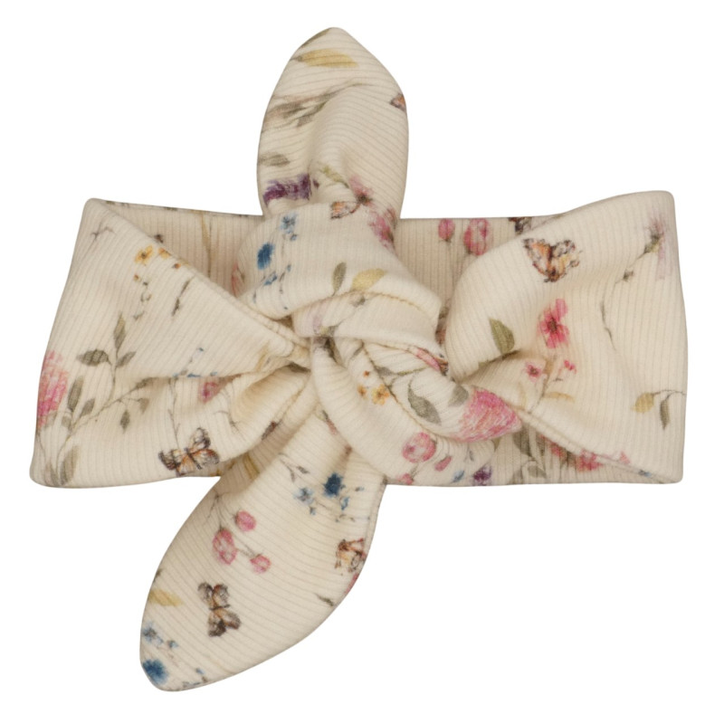 Newborn ecru kleurig haarbandje met roze bloemen.