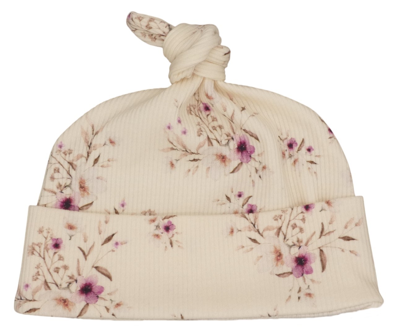 Newborn mutsje met roze bloemetjes in een baby ribstof
