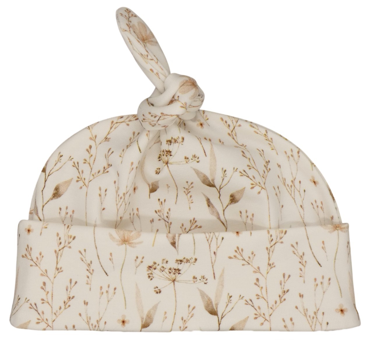 Newborn mutsje met lichte zandkleurige bloemen.