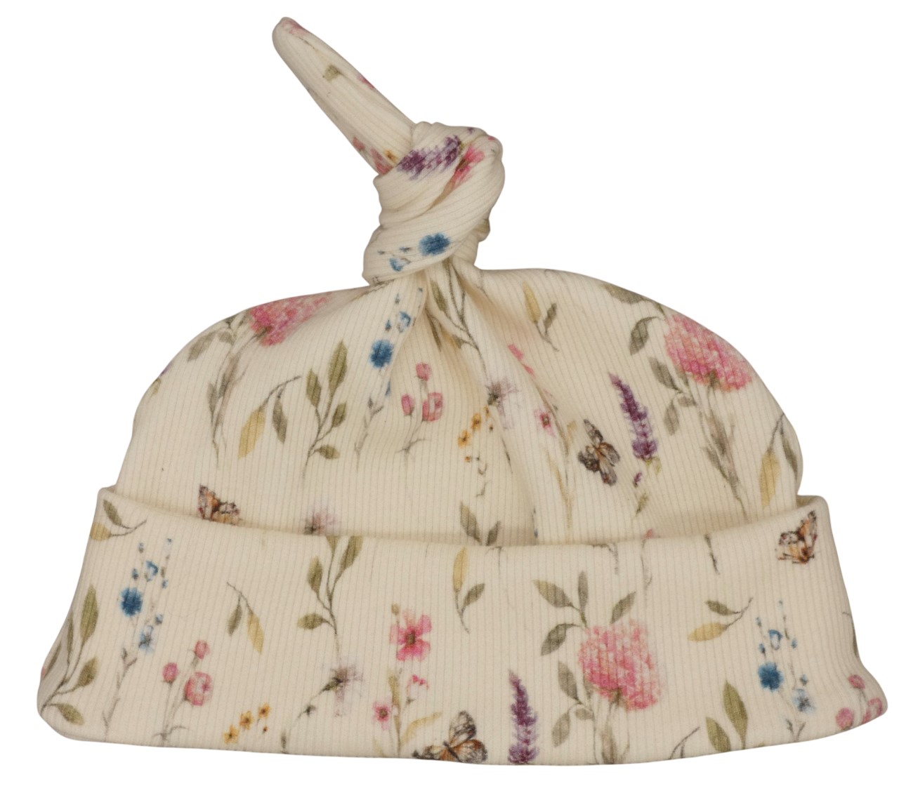 Newborn mutsje in een ecrukleur met bloemen.