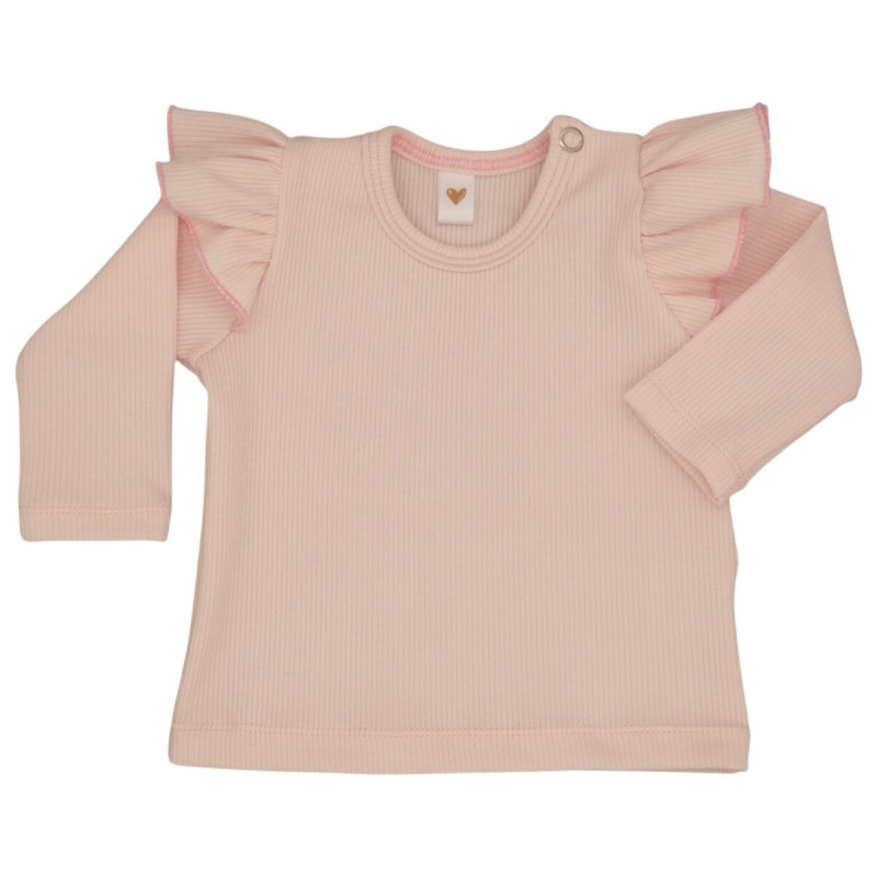 Newborn shirtje met lange mouwen en ruffles in een lichtroze kleur.