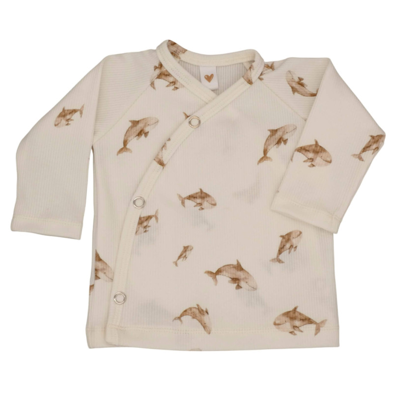 Newborn overslagshirtje met zandkleurige orka's.