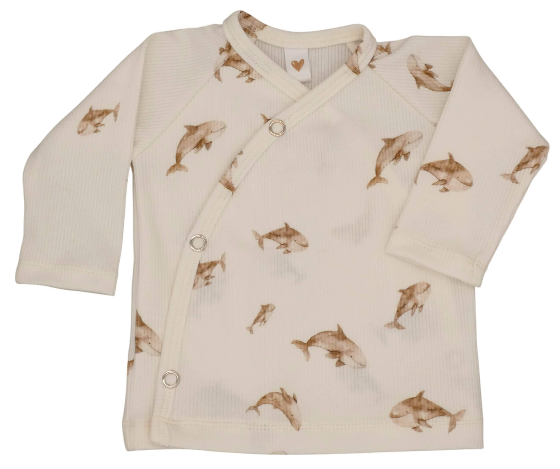 Newborn overslagshirtje met zandkleurige orka's.