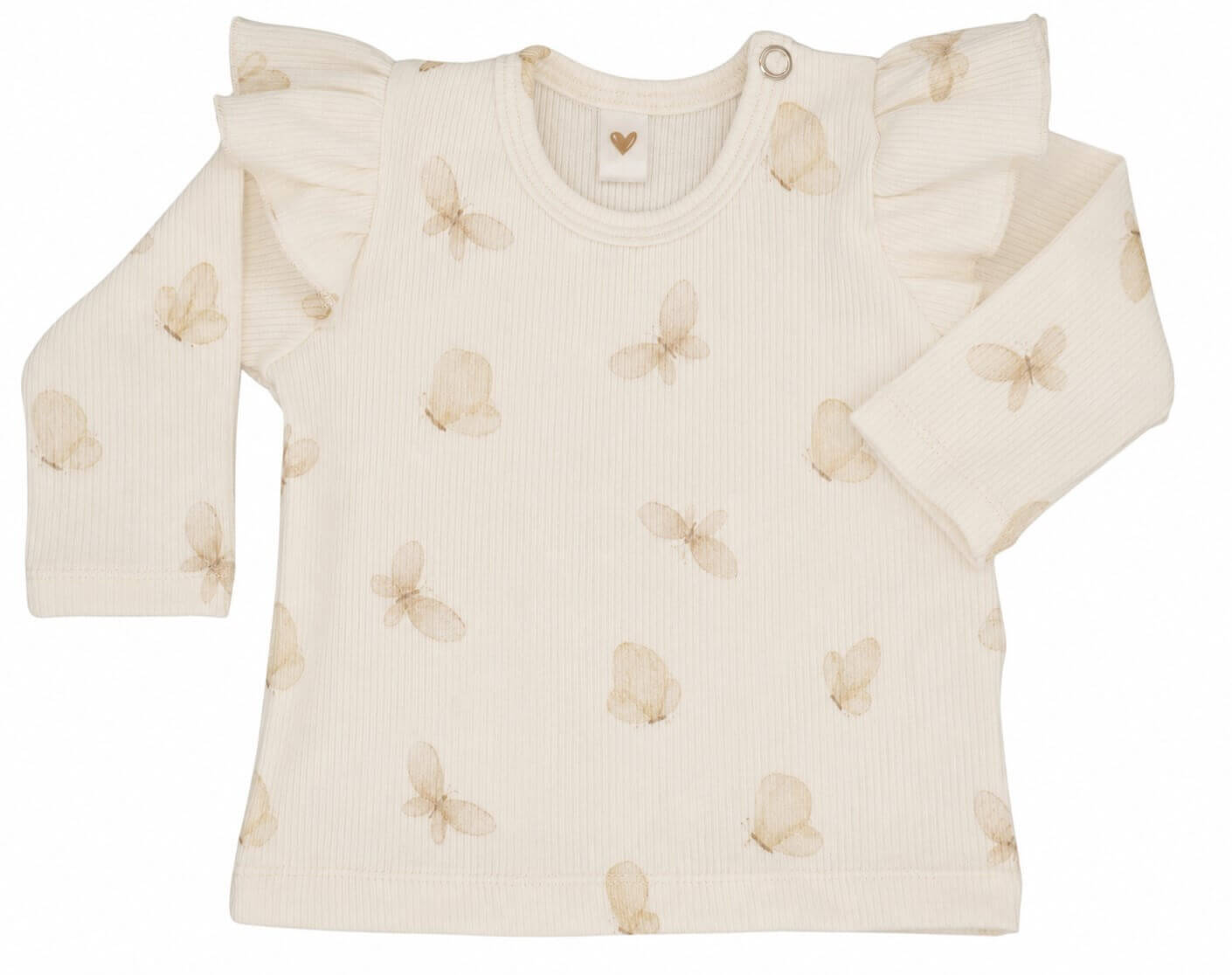 Longsleeve met ruffles en witte vlinders.